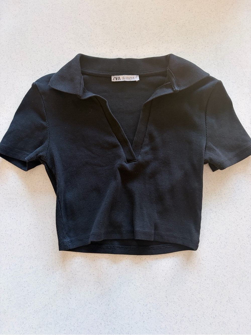 Zara Black Ribbed Polo Crop Top with Open V Collar